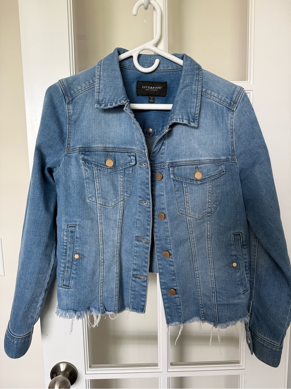 Liverpool Medium Blue Distressed Hem Denim Jacket - Women's Jean Jacket